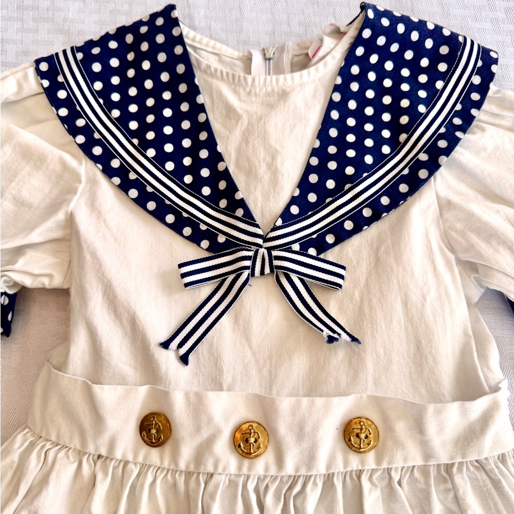 Allison Ann Vintage Sailor Dress Girls 6Y White‎ Navy Polka Dot Anchor Buttons - Picture 5 of 12
